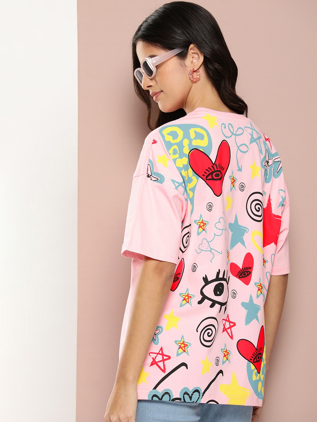 

Stormborn Printed Round Neck Pure Cotton Oversized Drop-Shoulder T-shirt, Pink
