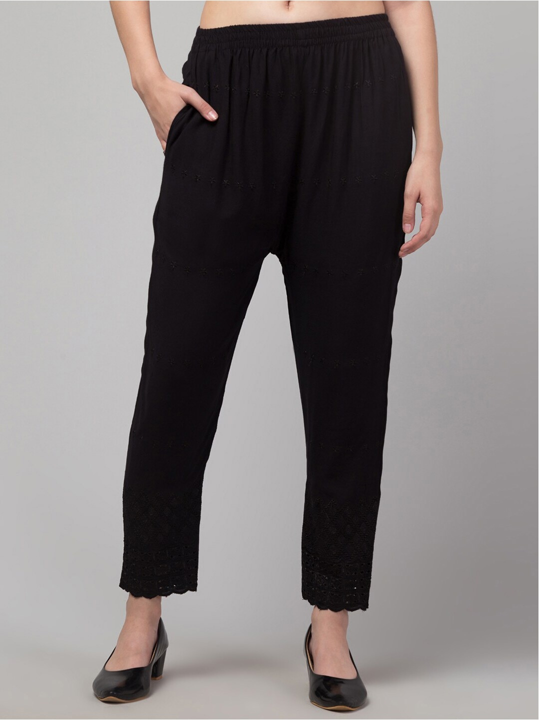 

Trend Level Women Floral Embroidered Straight Palazzos, Black