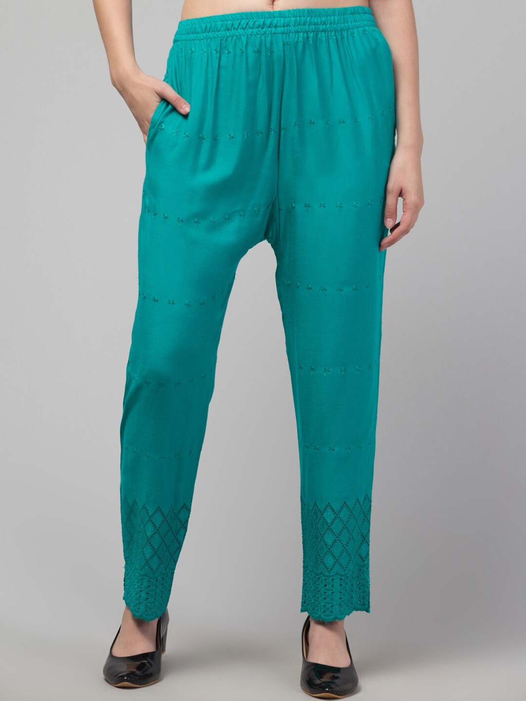 

Trend Level Floral Embroidered Straight Fit Palazzos, Sea green
