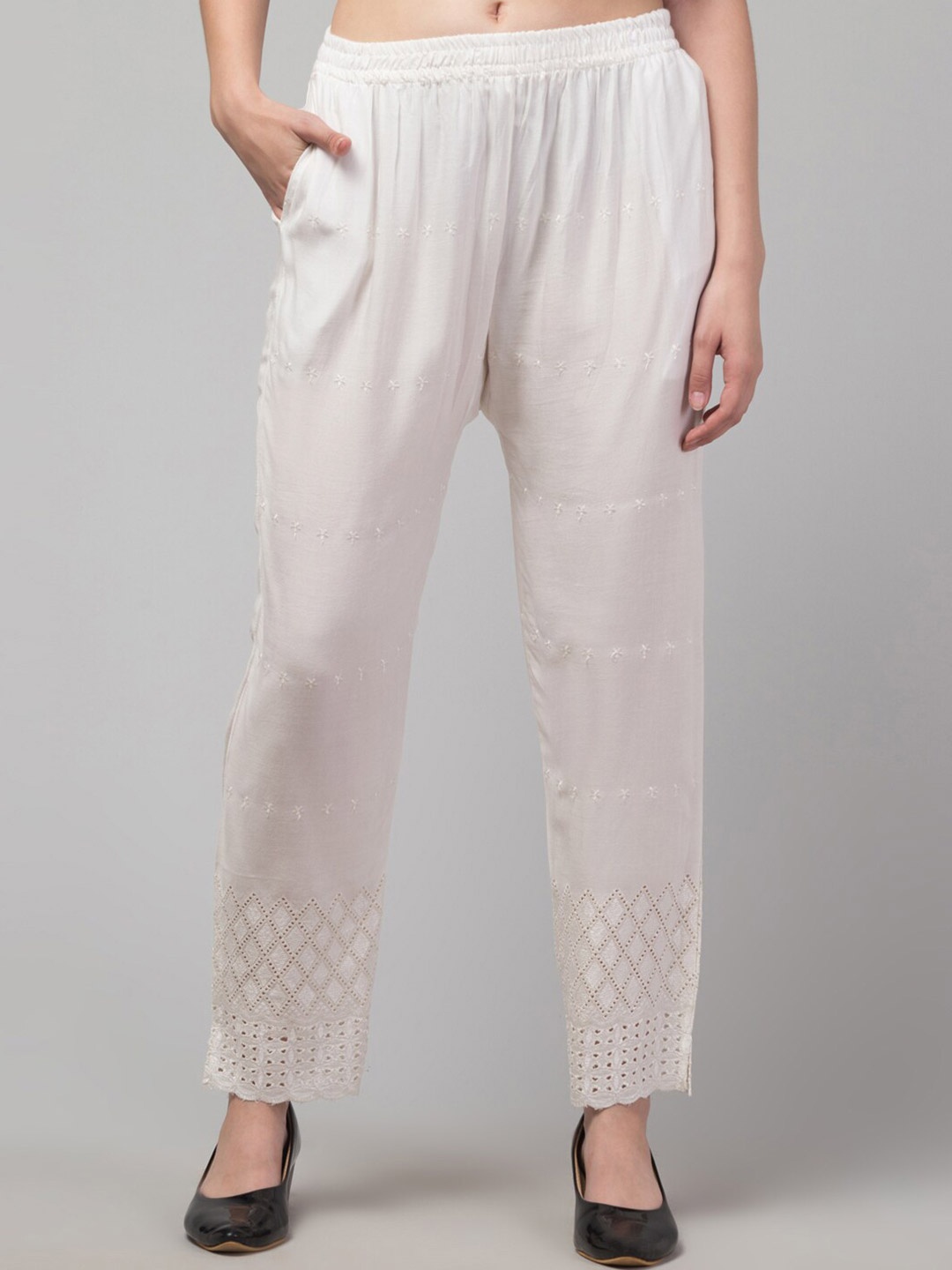 

Trend Level Women Floral Embroidered Wide Leg Palazzos, Off white