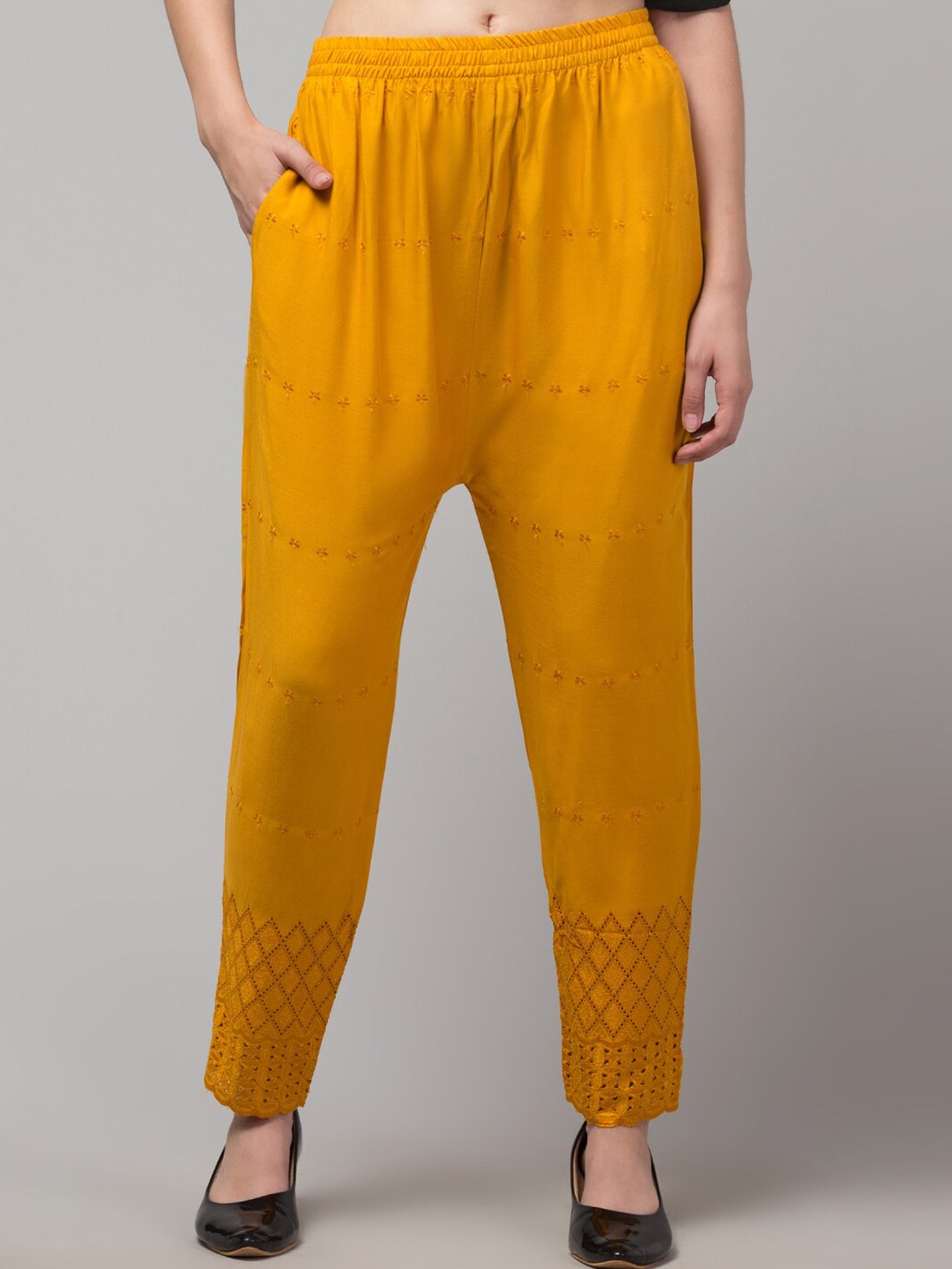 

Trend Level Women Floral Embroidered Straight Palazzos, Mustard
