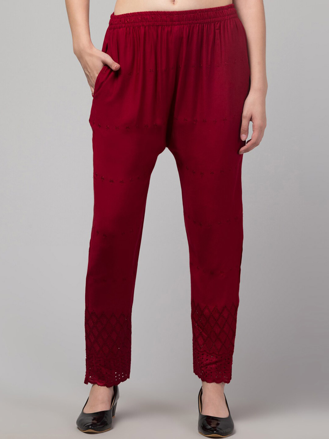 

Trend Level Women Floral Embroidered Straight Palazzos, Maroon