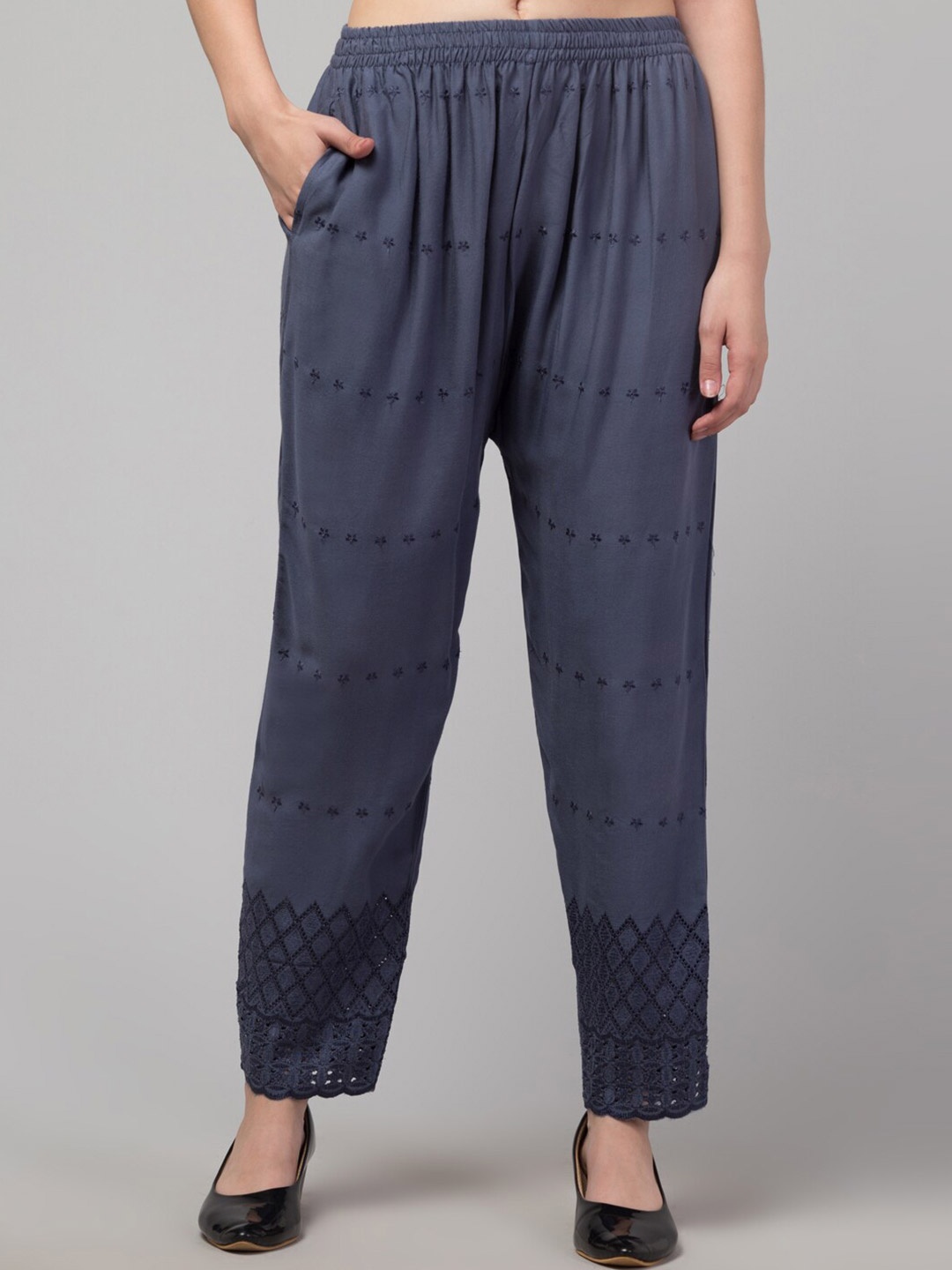 

Trend Level Floral Embroidered Straight Fit Palazzo, Grey