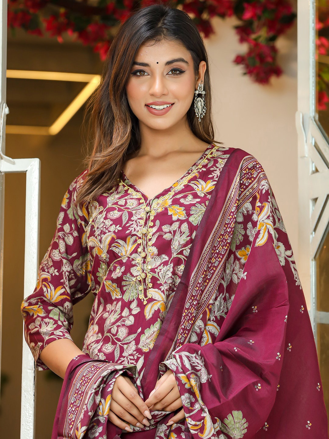 

Sangria Printed & Embroidery Straight Kurta With Trouser & Dupatta Set, Fuchsia