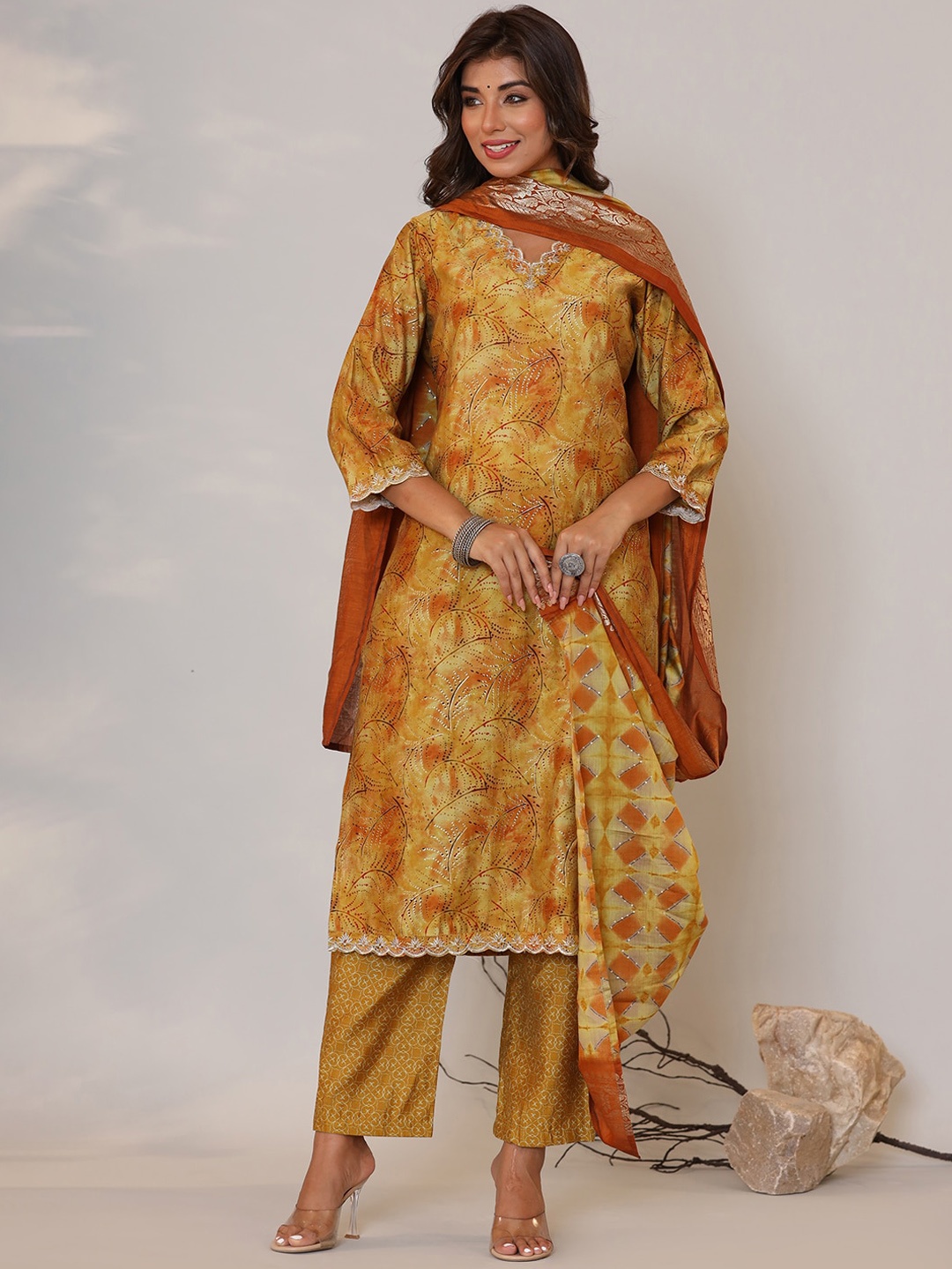 

Sangria Printed Thread Work V-Neck Pure Silk Kurta With Trouser & Dupatta, Mustard