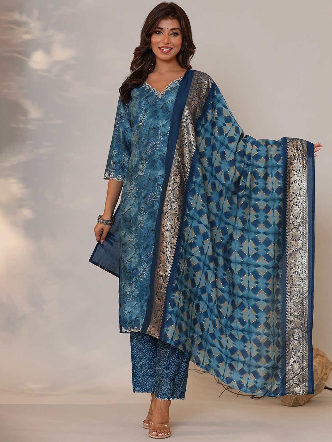 

Sangria Printed & Embroidery Pure Silk Straight Kurta With Trouser & Dupatta Set, Blue