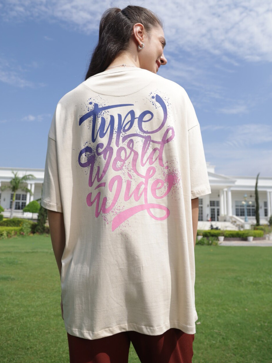 

TITTLI Typography Printed Drop-Shoulder Oversized Pure Cotton T-shirt, Cream