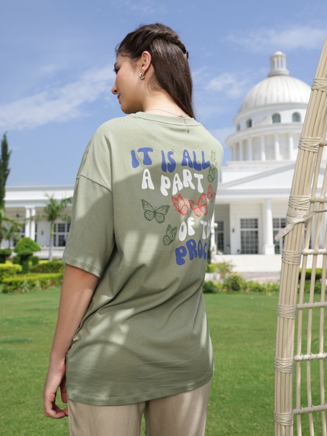 

TITTLI Typography Printed Drop-Shoulder Oversized Pure Cotton T-shirt, Green