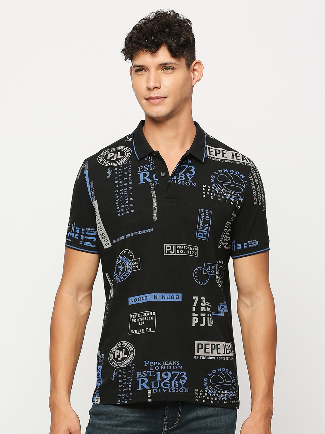 

Pepe Jeans Typography Printed Polo Collar Pure Cotton T-shirt, Black