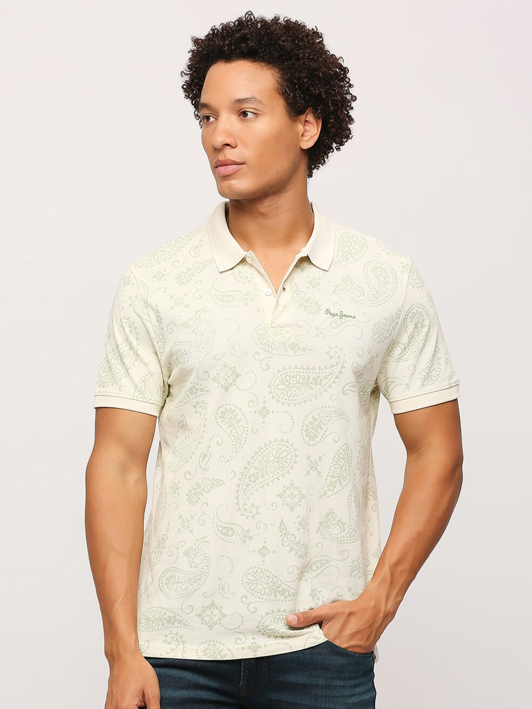 

Pepe Jeans Ethnic Motifs Printed Polo Collar Pure Cotton T-shirt, White