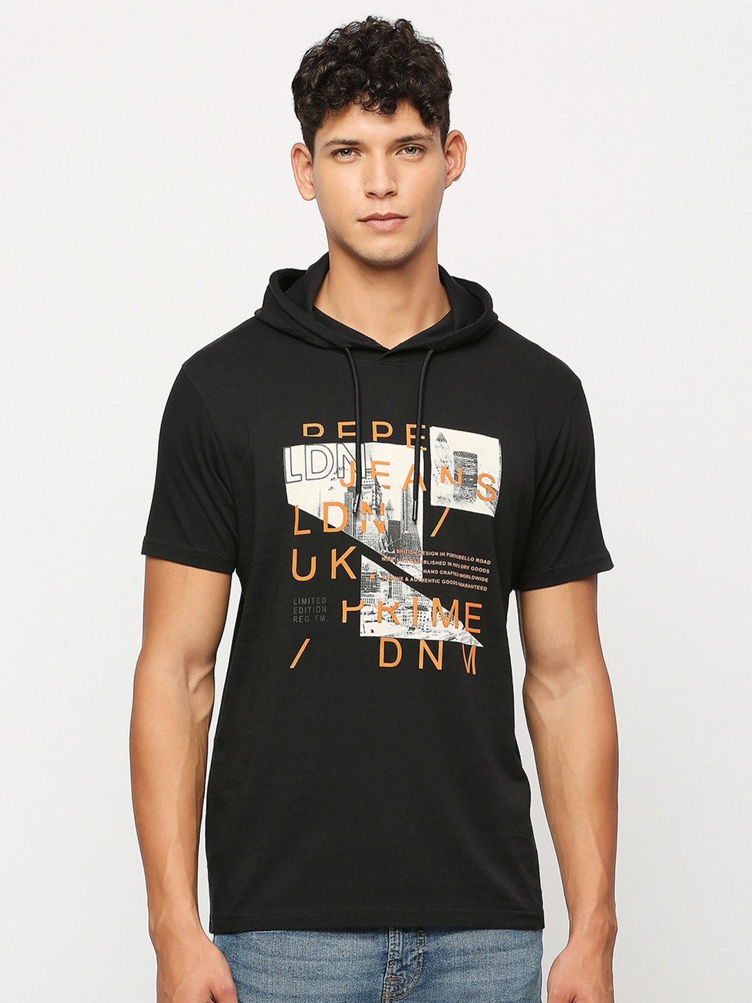 

Pepe Jeans Typography Printed Hooded Pure Cotton T-shirt, Black