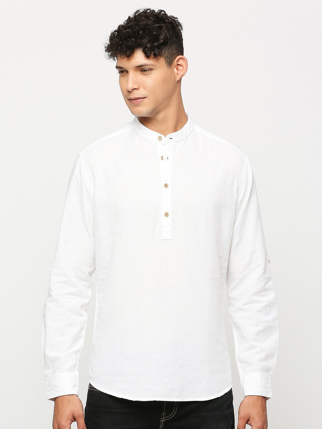 

Pepe Jeans Band Collar Cotton Linen Casual Shirt, White