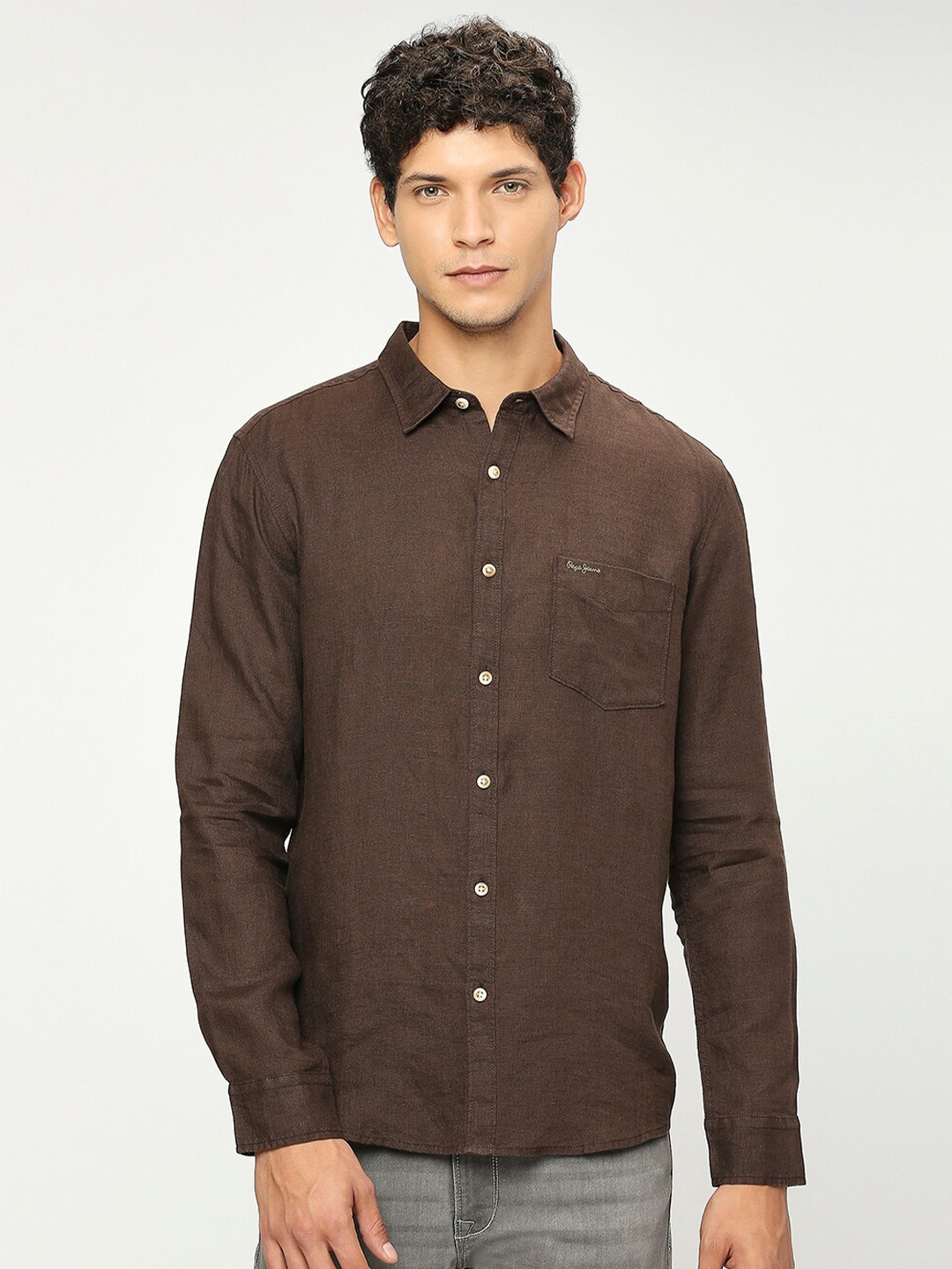 

Pepe Jeans Regular Fit Spread Collar Long Sleeve Pocket Casual Shirt, Brown