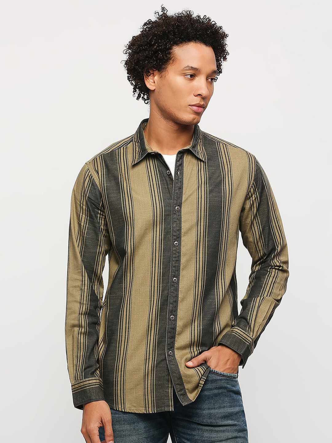 

Pepe Jeans Regular Fit Striped Printed Spread Collar Cotton Casual Shirt, Green