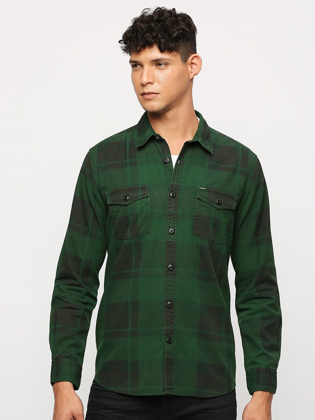 

Pepe Jeans Windowpane Checks Opaque Pure Cotton Casual Shirt, Green