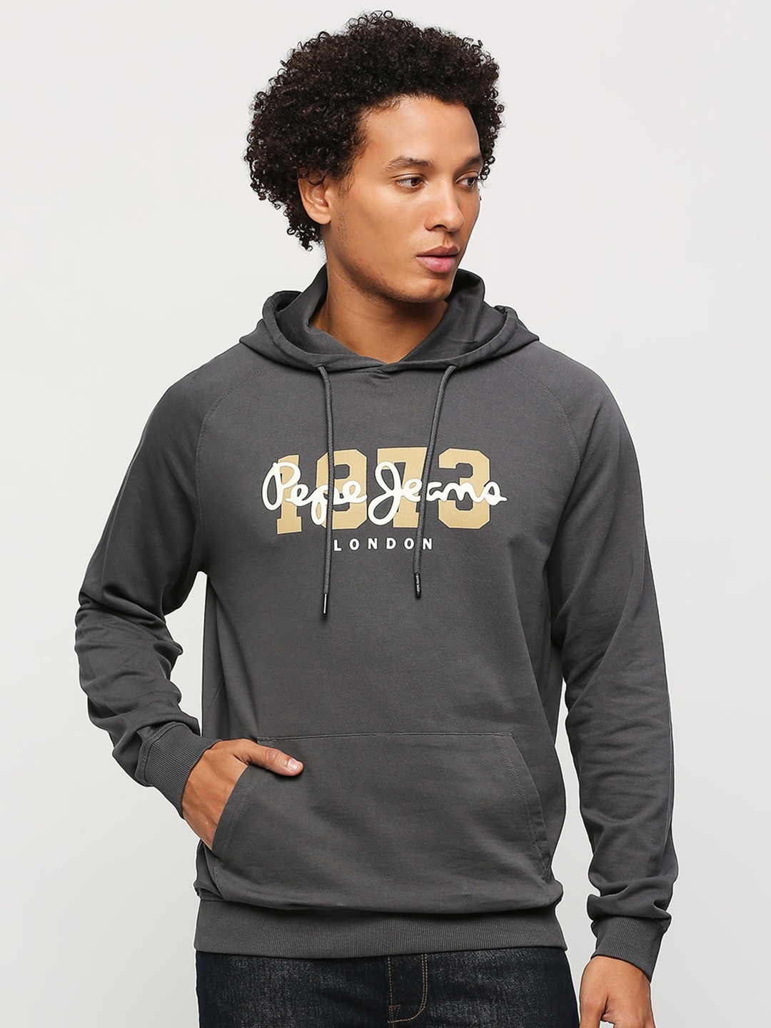 

Pepe Jeans Alphanumeric Printed Hooded Pure Cotton Pullover, Grey