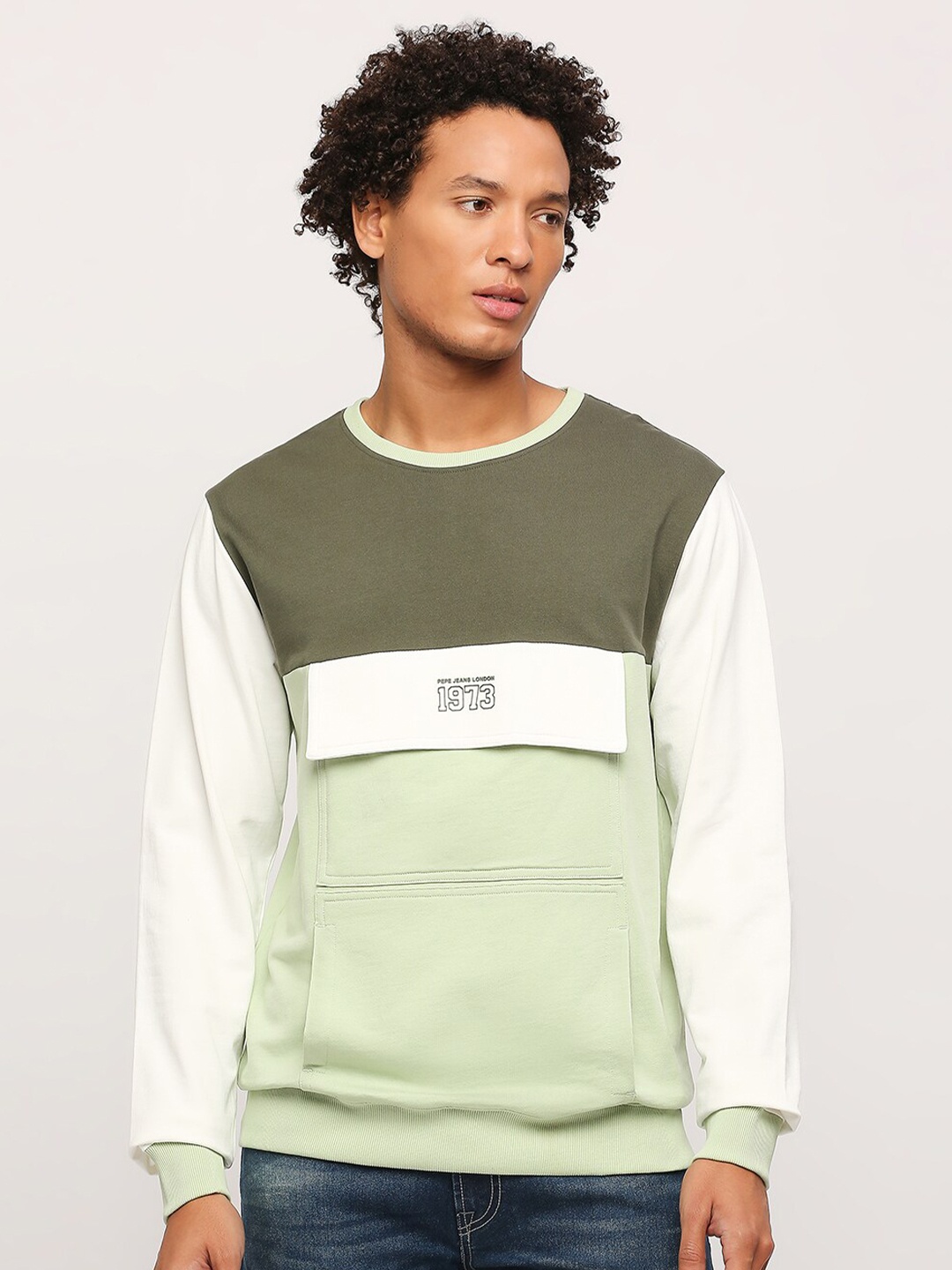 

Pepe Jeans Colourblocked Pure Cotton Pullover, Olive