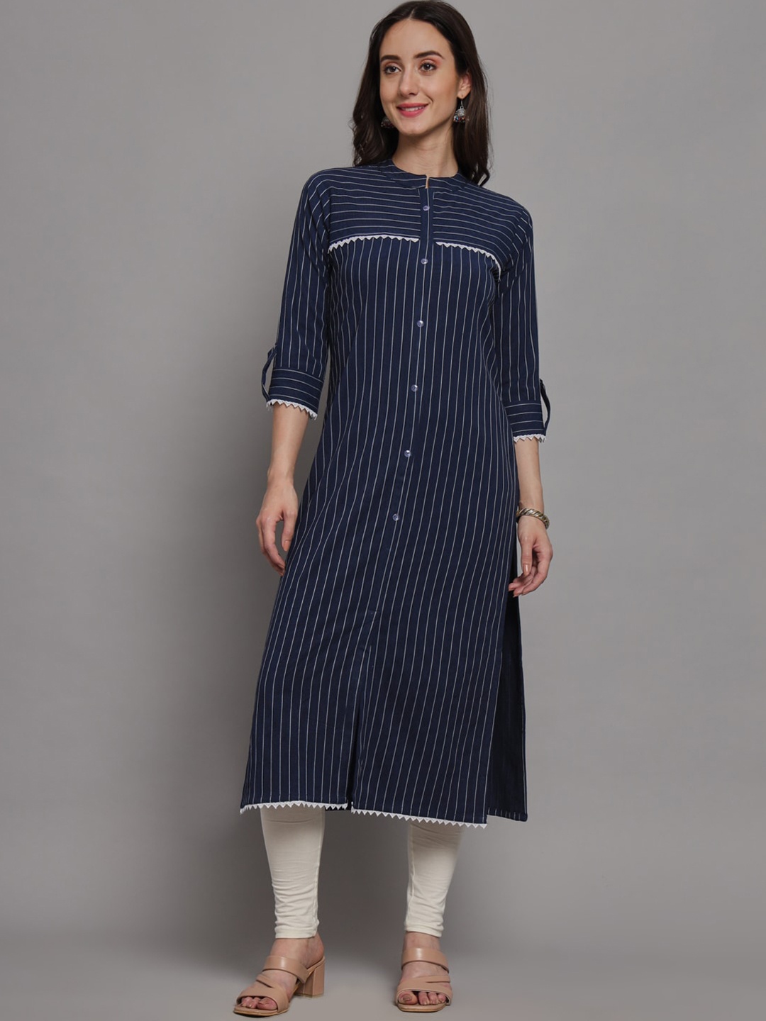 

FABDYOR Striped Mandarin Collar Roll-Up Sleeves Silk Kurta, Navy blue