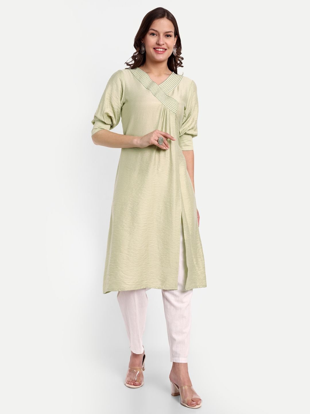 

FABDYOR V-Neck Cotton Angrakha Kurta, Green