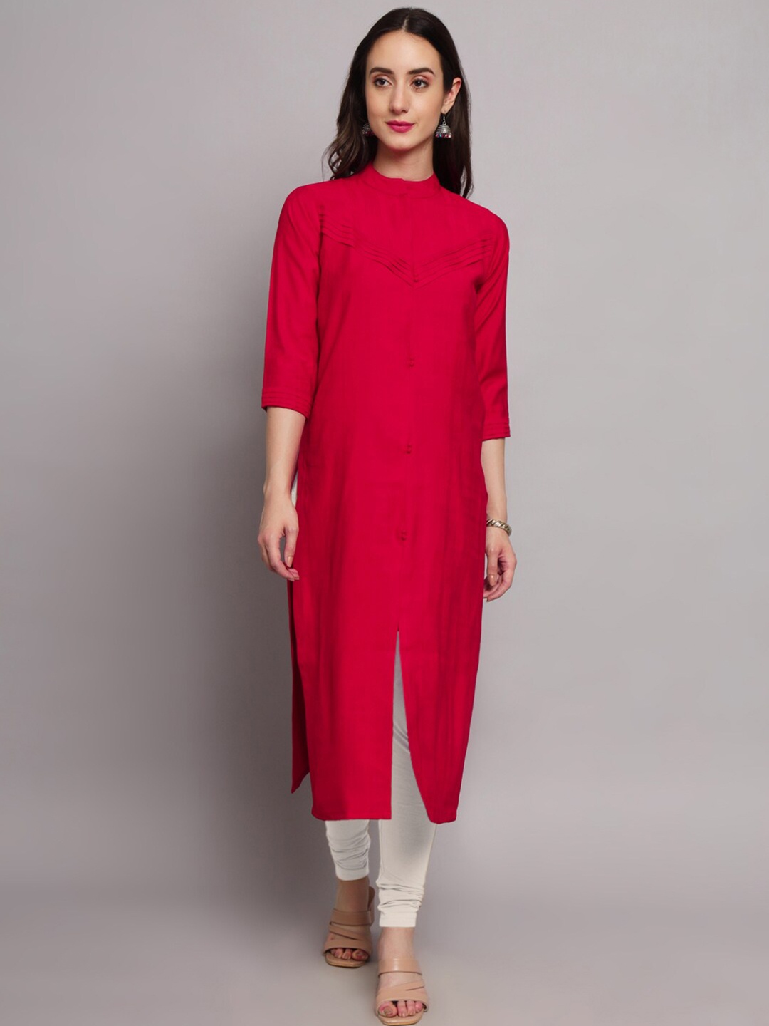 

FABDYOR Band Collar Straight Silk Kurtas, Pink