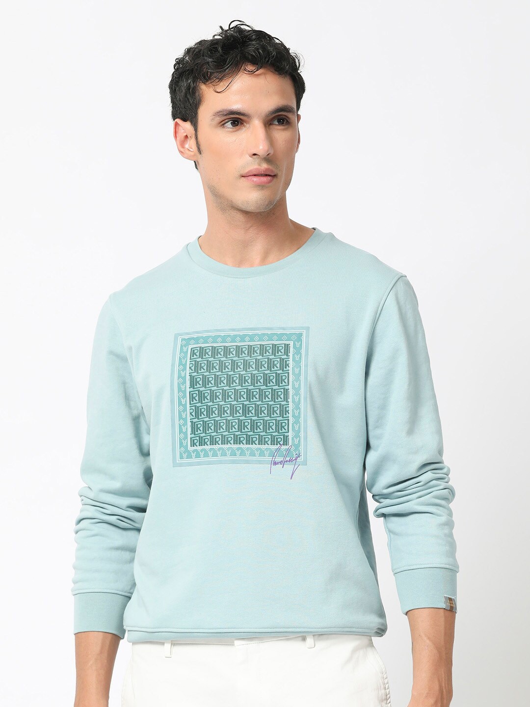 

RARE RABBIT Men Totem Graphic Print Logo Sweatshirt, Turquoise blue