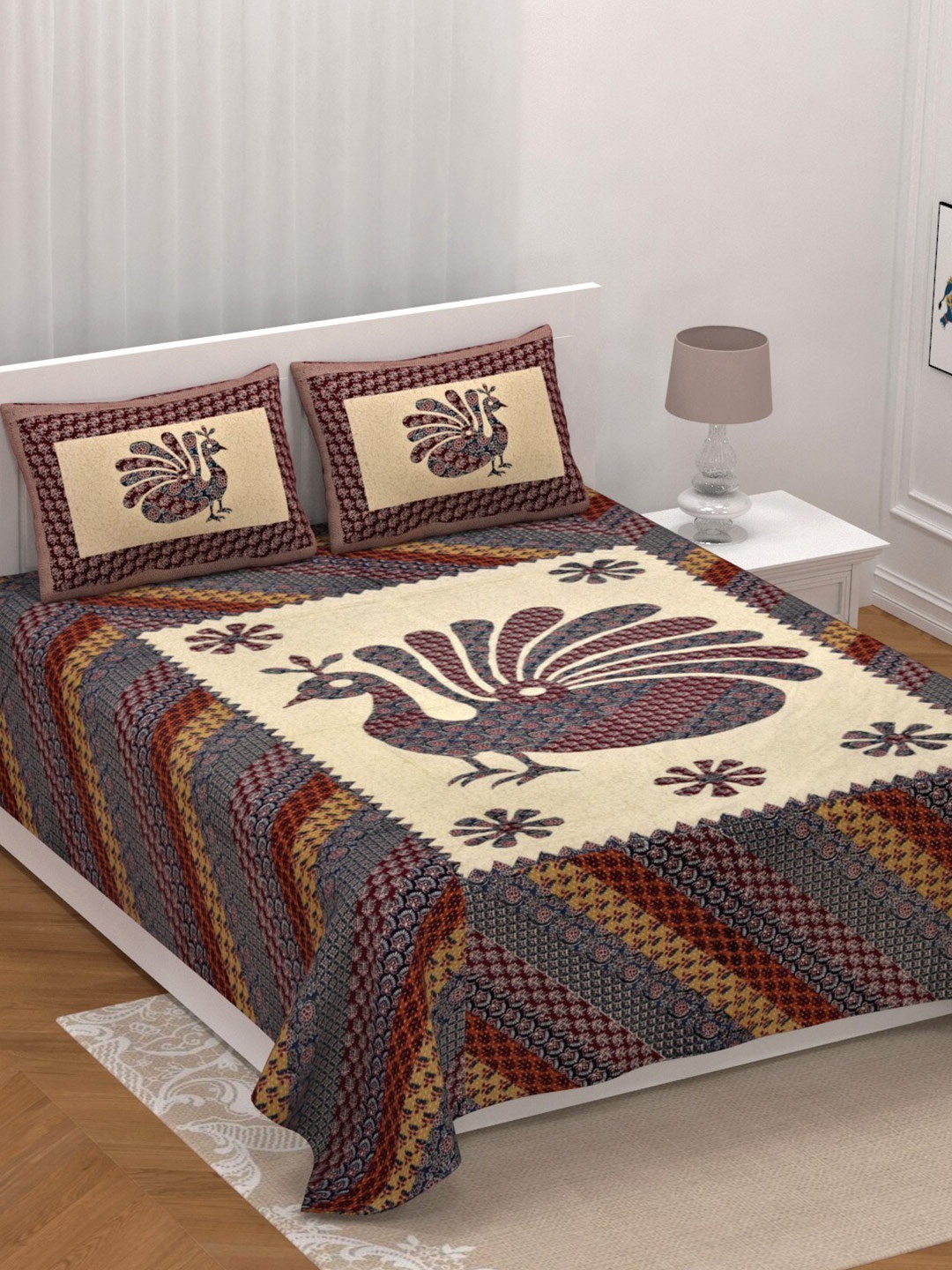 

LIVING ROOTS Super King Size Jaipur Block Print Cotton Double Bedsheet & 2 Pillow Covers, Yellow