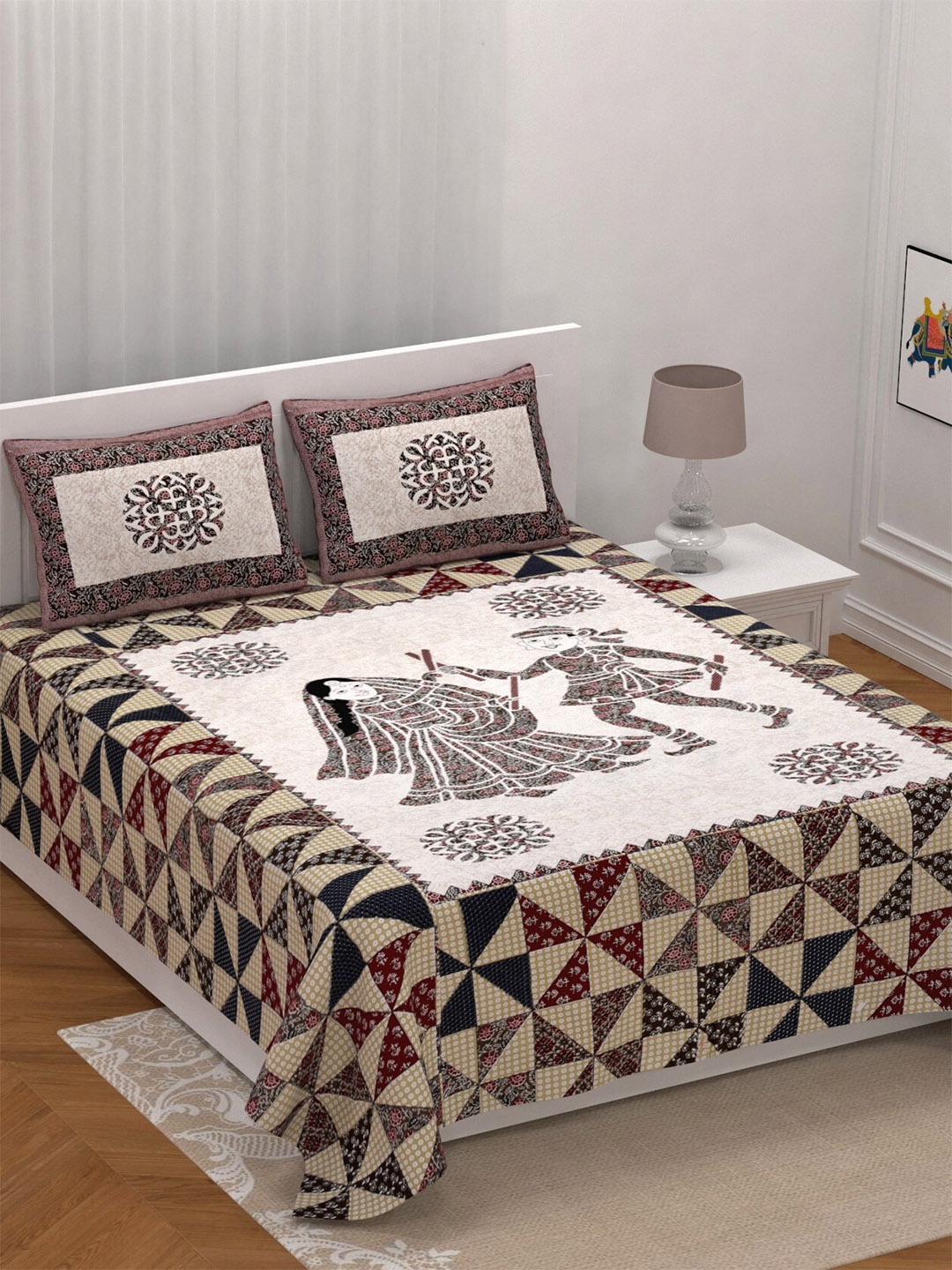 

LIVING ROOTS Super King Size Jaipur Block Print Cotton Double Bedsheet & 2 Pillow Covers, White