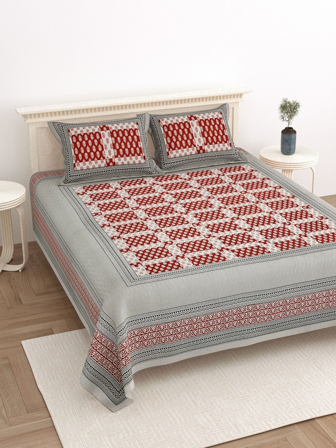 

LIVING ROOTS Super King Size Jaipur Block Print Cotton Double Bedsheet & 2 Pillow Covers, Grey