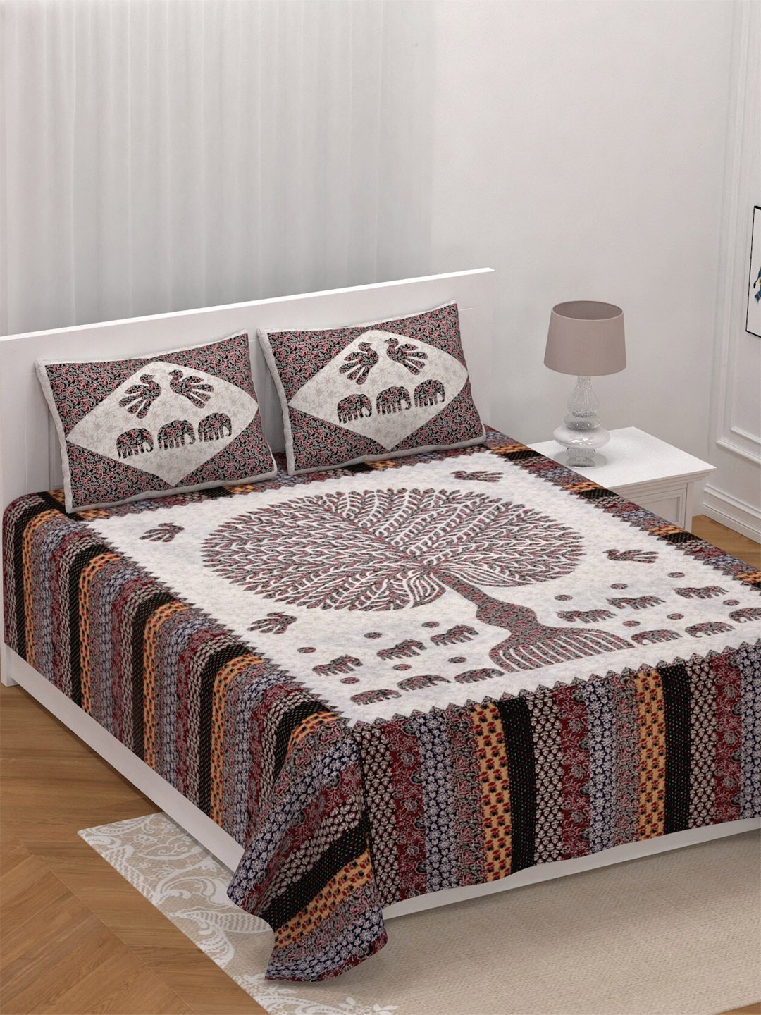 

LIVING ROOTS Super King Size Jaipur Block Print Cotton Double Bedsheet & 2 Pillow Covers, White