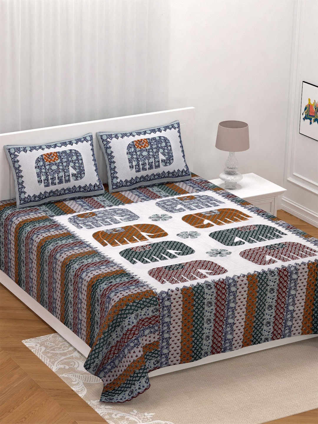 

LIVING ROOTS White & Brown Ethnic Pure Cotton 300 TC King Bedsheet & 2 Pillow Covers