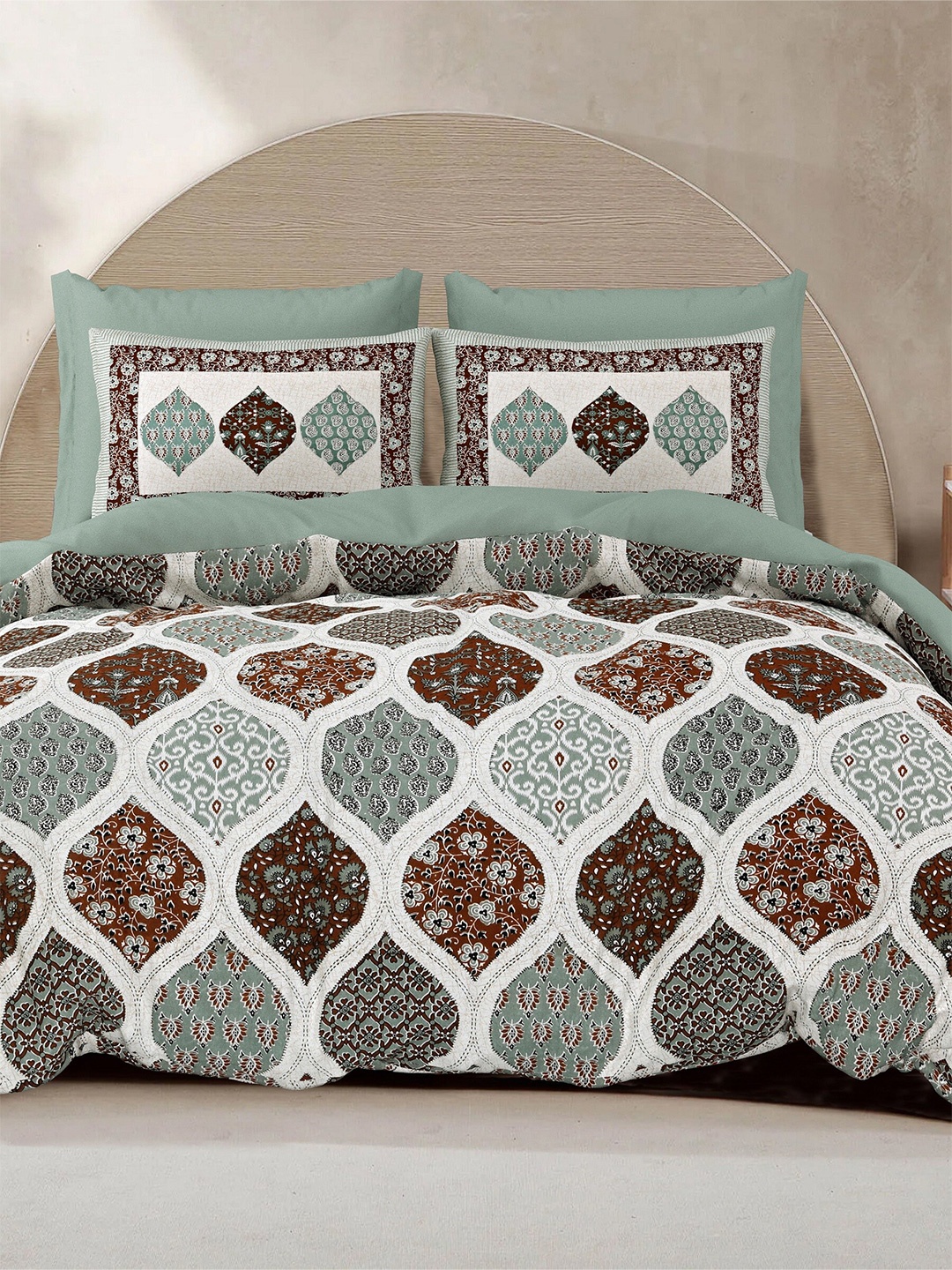 

LIVING ROOTS Super King Size Jaipur Block Print Cotton Double Bedsheet & 2 Pillow Covers, Green
