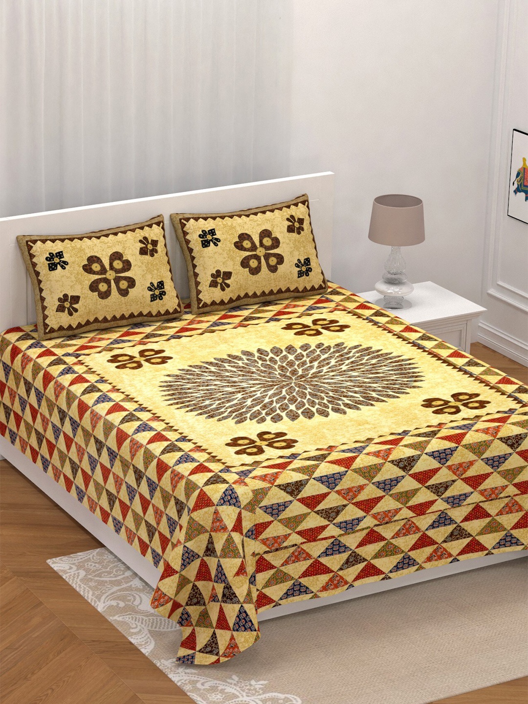 

LIVING ROOTS Super King Size Jaipur Block Print Cotton Double Bedsheet & 2 Pillow Covers, Yellow