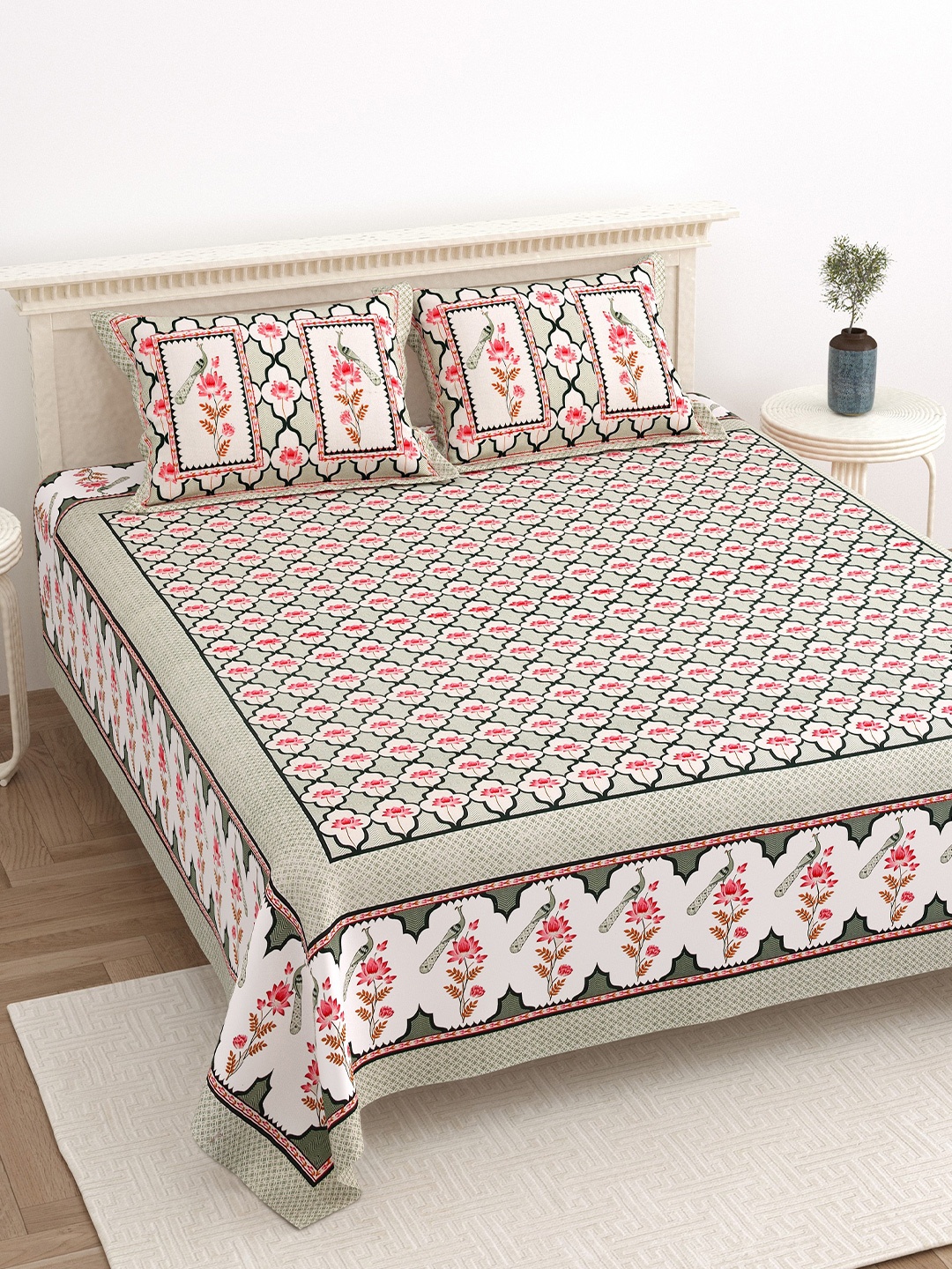 

LIVING ROOTS Super King Size Jaipur Block Print Cotton Double Bedsheet & 2 Pillow Covers, White