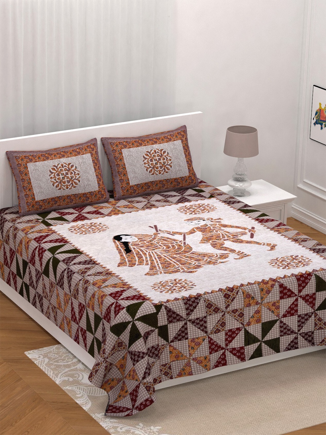 

LIVING ROOTS Super King Size Jaipur Block Print Cotton Double Bedsheet & 2 Pillow Covers, White