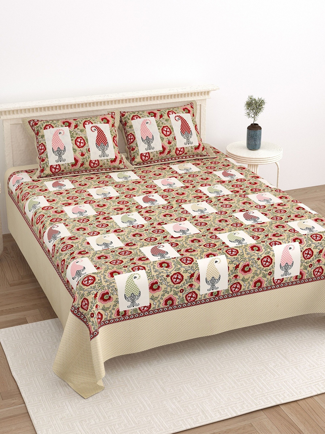 

LIVING ROOTS Super King Size Jaipur Block Print Cotton Double Bedsheet & 2 Pillow Covers, White