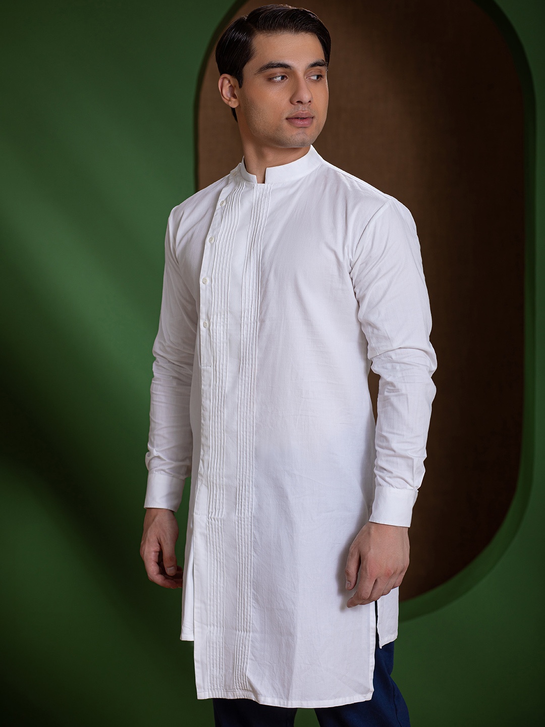 

Earthpiece Mandarin Collar Pintucks Pure Cotton Angrakha Kurta, White