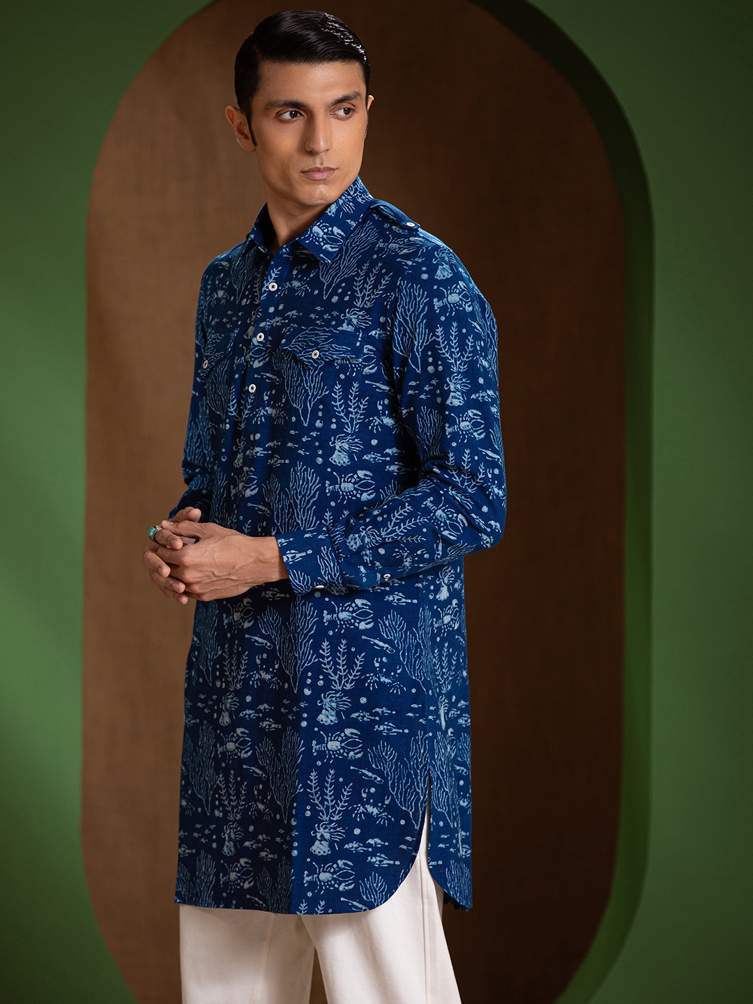 

Earthpiece Men Navy Blue Quirky Dyed Thread Work Block Print Handloom Kurta