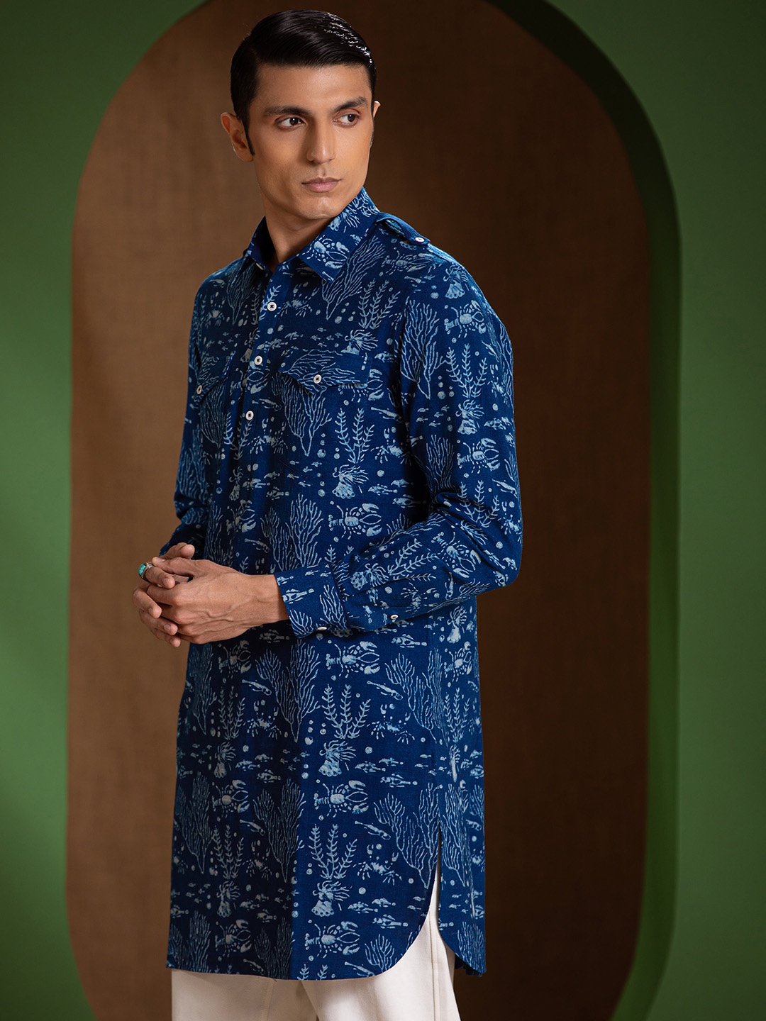 

Earthpiece Men Navy Blue Quirky Dyed Thread Work Block Print Handloom Kurta