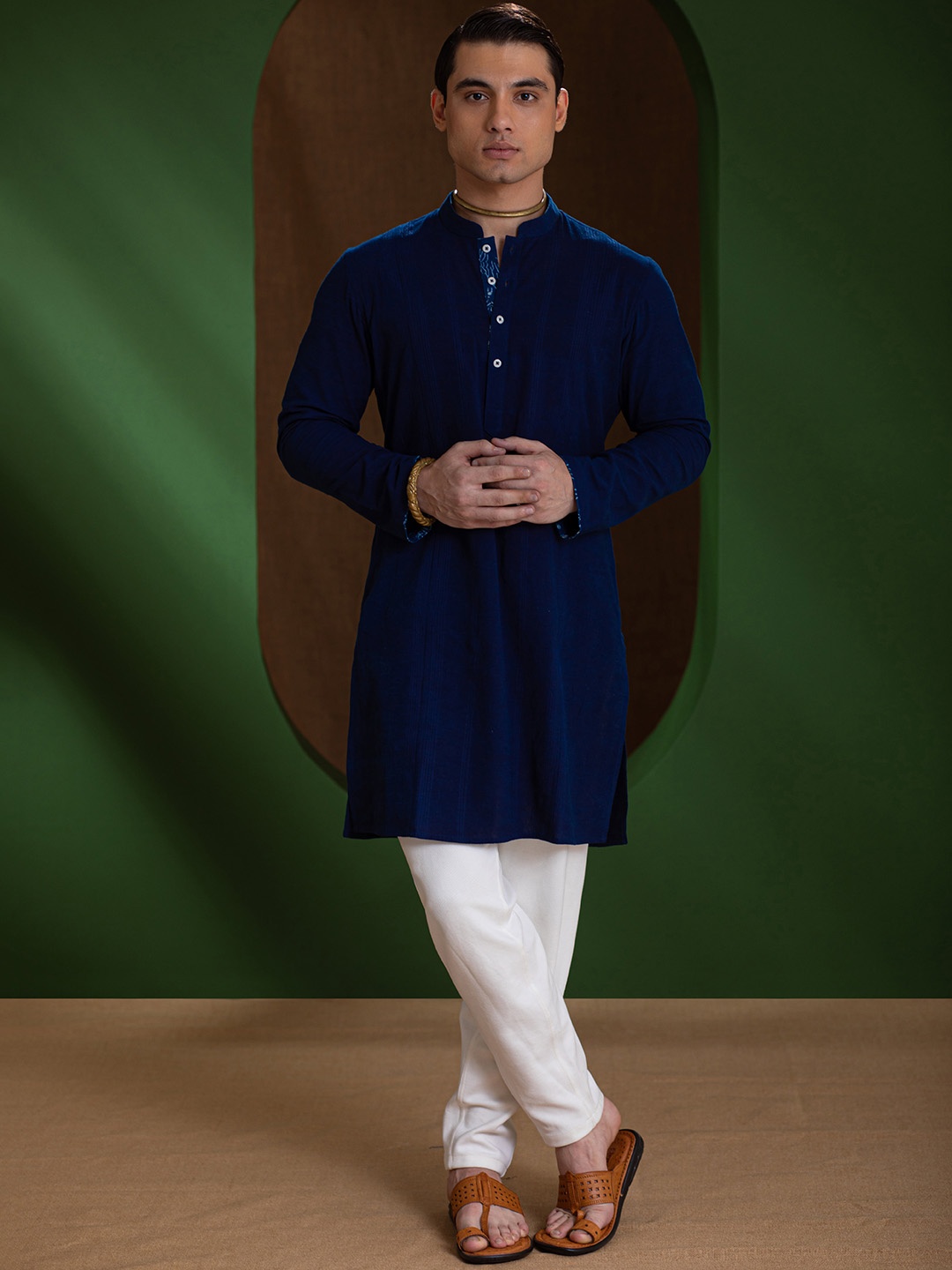 

Earthpiece Striped Mandarin Collar Pure Cotton A-Line Kurta, Navy blue