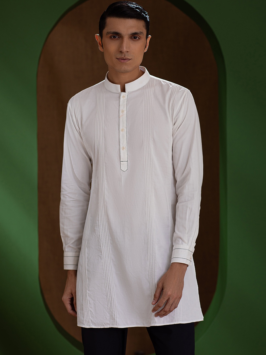 

Earthpiece Men White Thread Work Organic Cotton Pathani Kurta