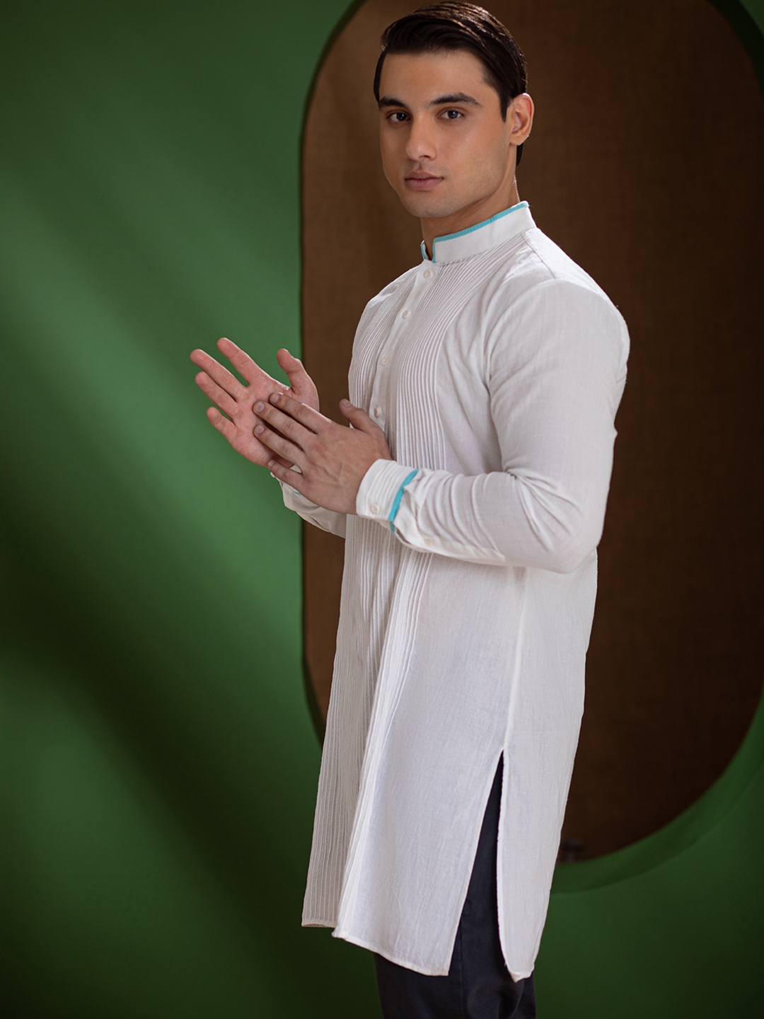 

Earthpiece Mandarin Collar Pintucks Pure Cotton A-Line Kurta, White