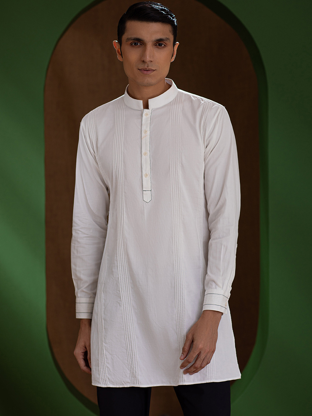 

Earthpiece Men White Thread Work Organic Cotton Pathani Kurta
