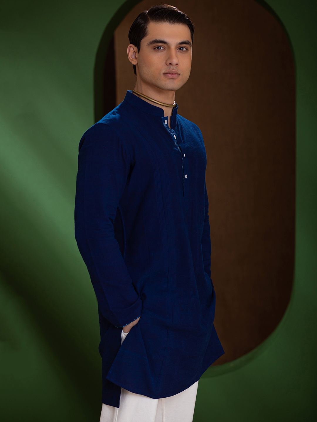 

Earthpiece Striped Mandarin Collar Pure Cotton A-Line Kurta, Navy blue