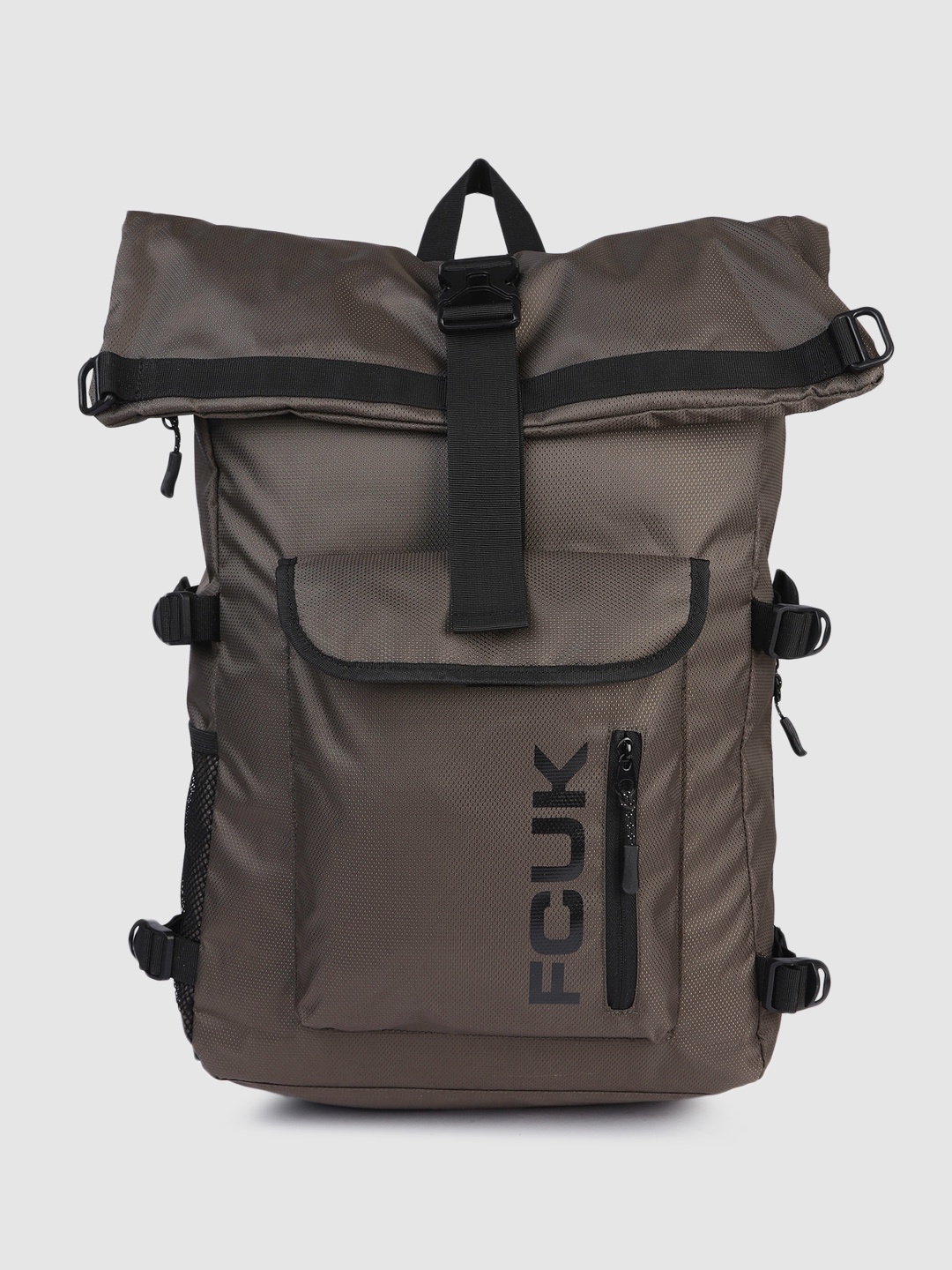 

French Connection Men Brand Logo Printed Backpack with Compression Straps, Grey