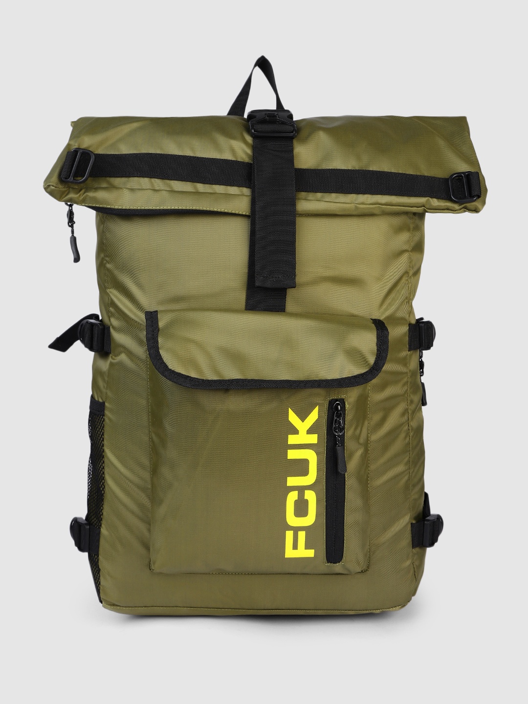 

French Connection Men Brand Logo Printed Backpack with Compression Straps, Green