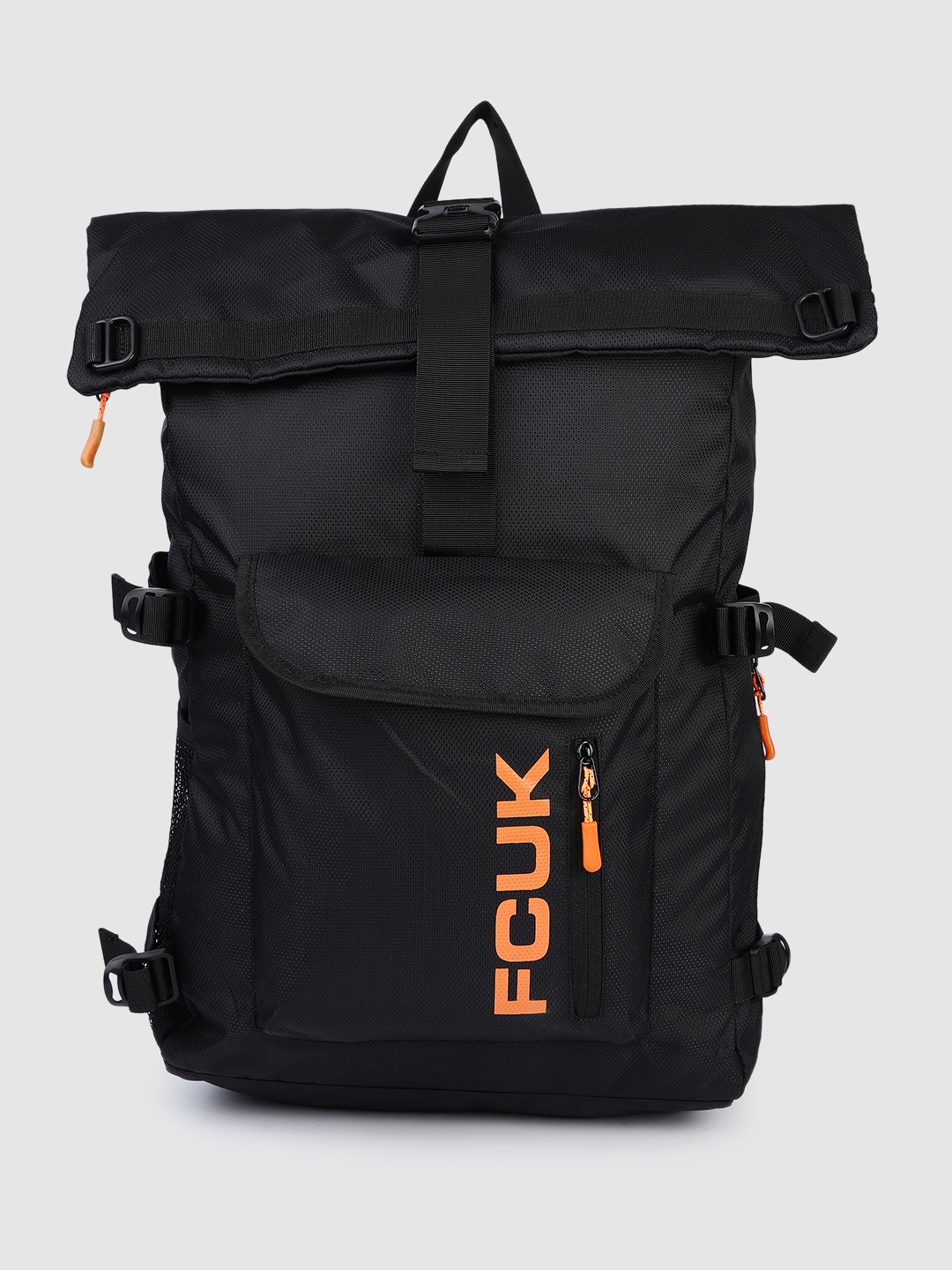 

French Connection Men Brand Logo Printed Backpack with Compression Straps, Black
