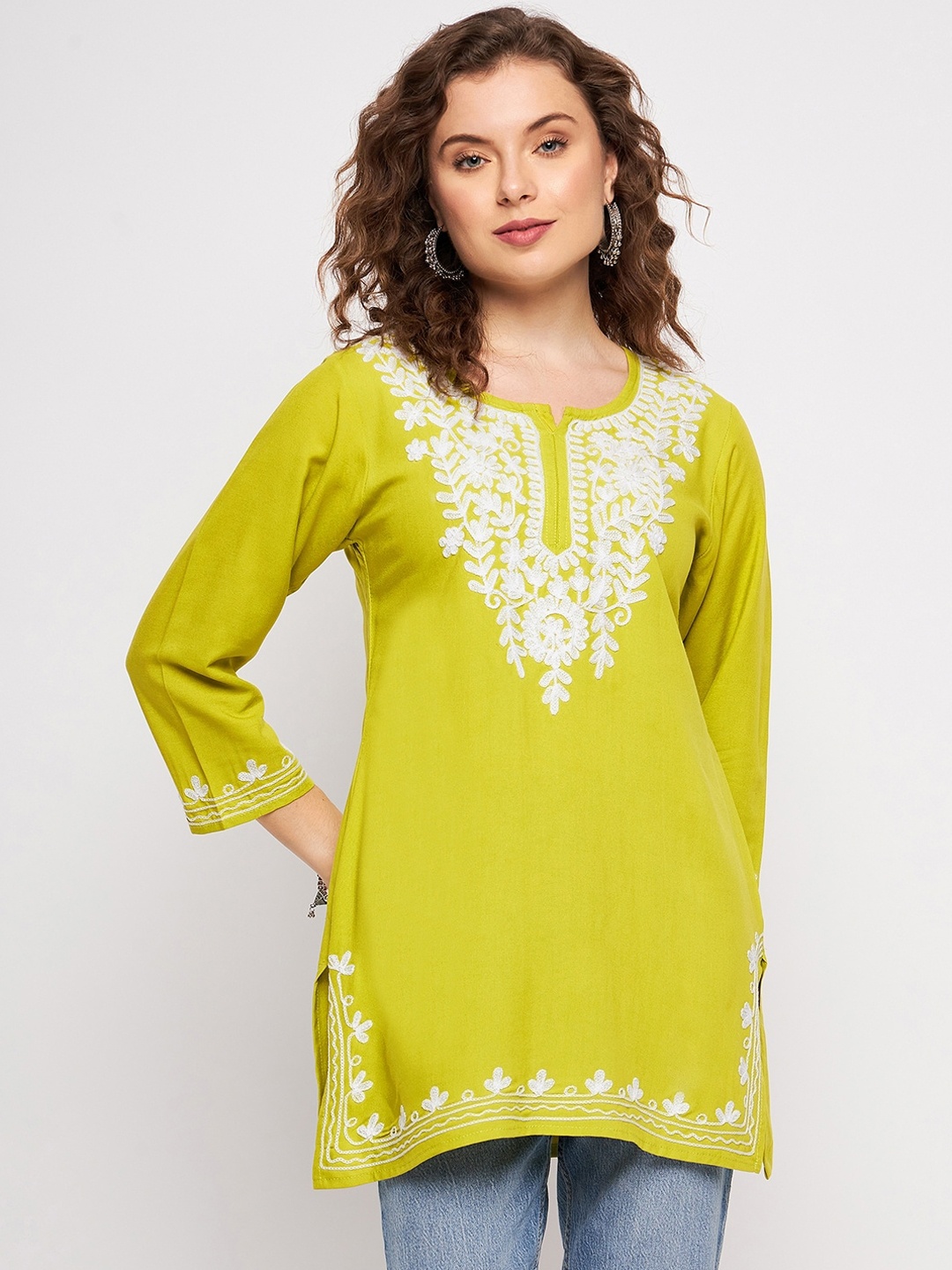 

TULIP 21 Floral Embroidered Lucknowi Chikankari Kurti, Lime green
