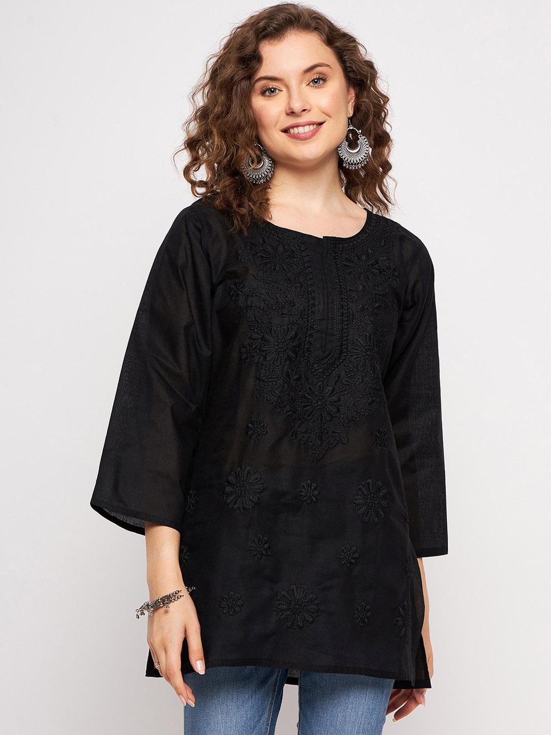 

TULIP 21 Floral Lucknowi Chikankari Embroidered Pure Cotton Straight Kurti, Black