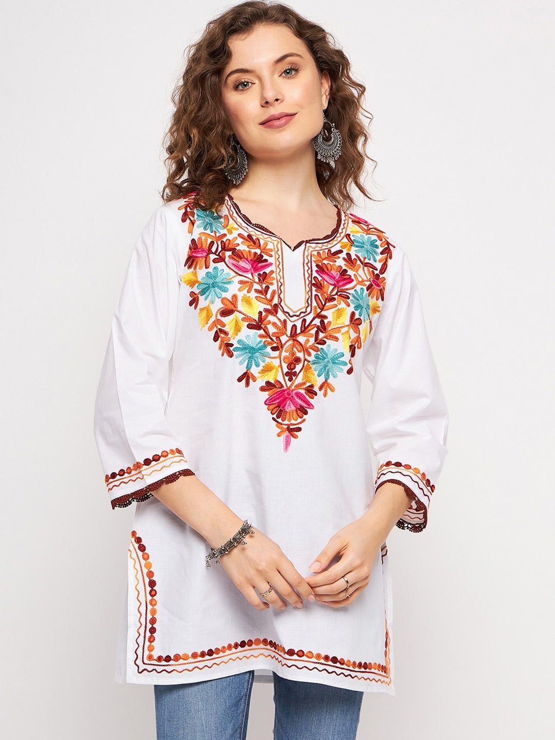 

TULIP 21 Floral Lucknowi Chikankari Embroidered Pure Cotton Straight Kurti, White