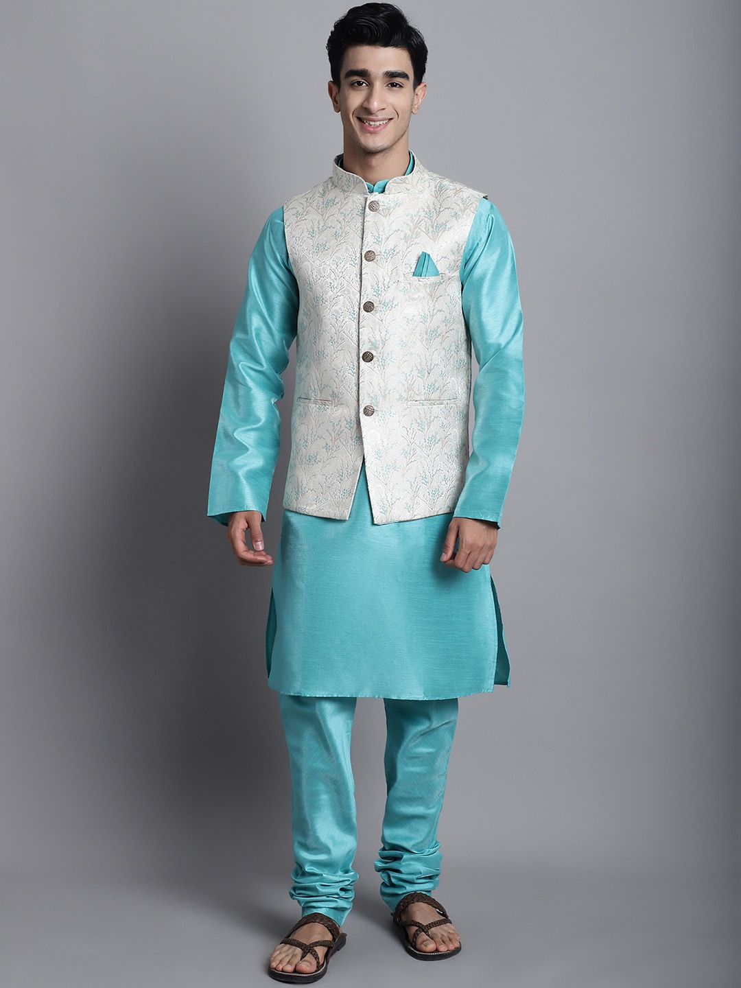 

Armaan Ethnic Band Collar Long Sleeves Dupion Silk Kurta With Churidar & Nehru jacket, Sea green